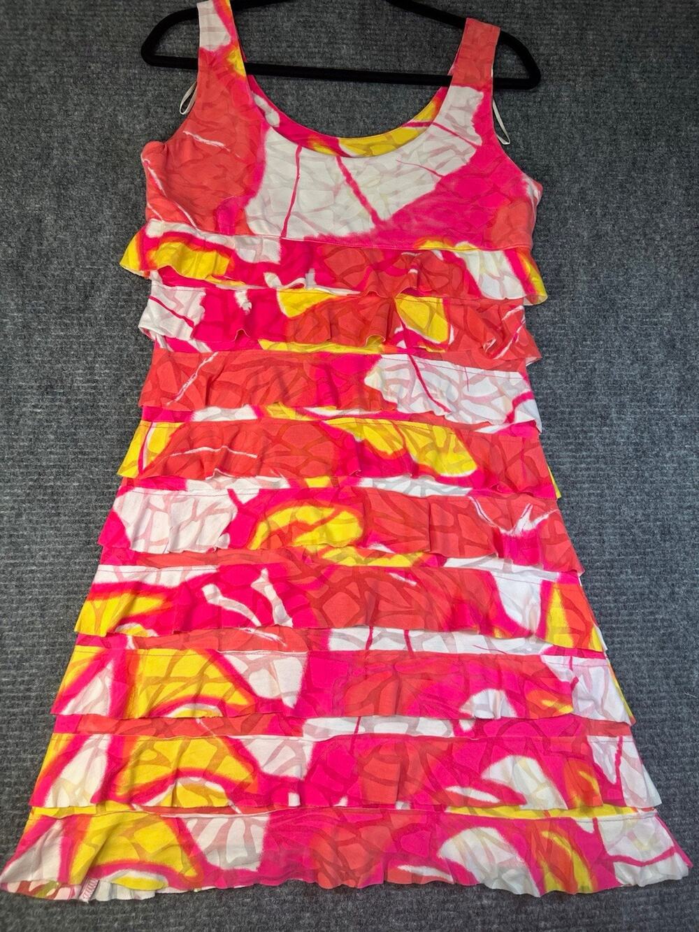 Ruby-B Women’s S Knit Sundress Abstract Pink Ruffle Scoop Neck Knee Length
